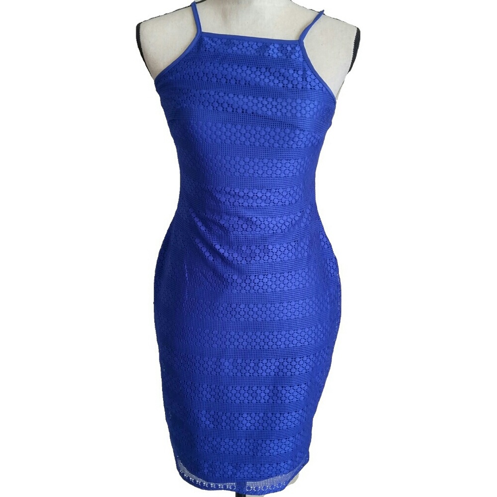 Bebe Cobalt Halter Mesh bodycorn dress